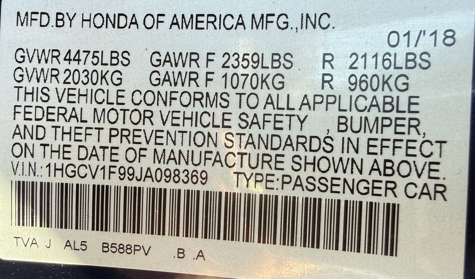 2018 Honda Accord Sedan Touring 1.5T